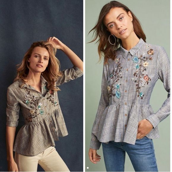 Anthropologie Ella Embroidered Blue/Gold Blouse - Picture 1 of 16